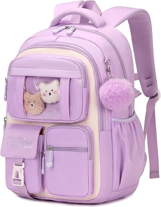 Kids Backpack for Girls School Bags for Middle School Students Book Bag for Elementary Primary Kawaii Ita Backpack, Purple and Beige