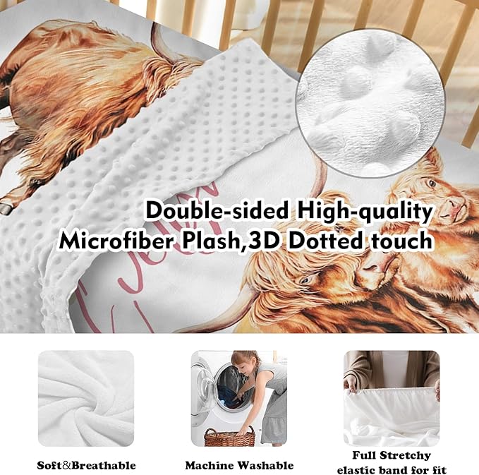 Personalized Nursery Crib Bedding Set: Custom Name Floral 5 Piece Baby Crib Sets with Highland Cow Design - Toddler Double Layer Blanket Set, Comfortable Crib Bed Sheets for Baby Grils