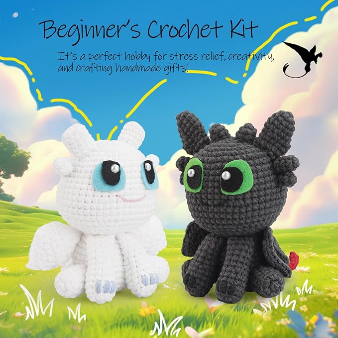Crochet Kit for Beginners,Beginner Crocheting Animals Kits w Step-by-Step Video Tutorials, Knitting Starter Pack for Adults and Kids,2 Pack Dragon