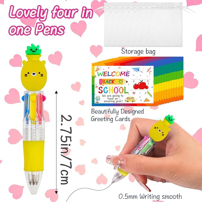30 Set Cute Multicolor Pens in One 4-in-1 Fun Pens Bulk with 30 Gift Cards for Kindergarten Party Welcome Back To School Student Gift Bulk Office School Exchange Gifts