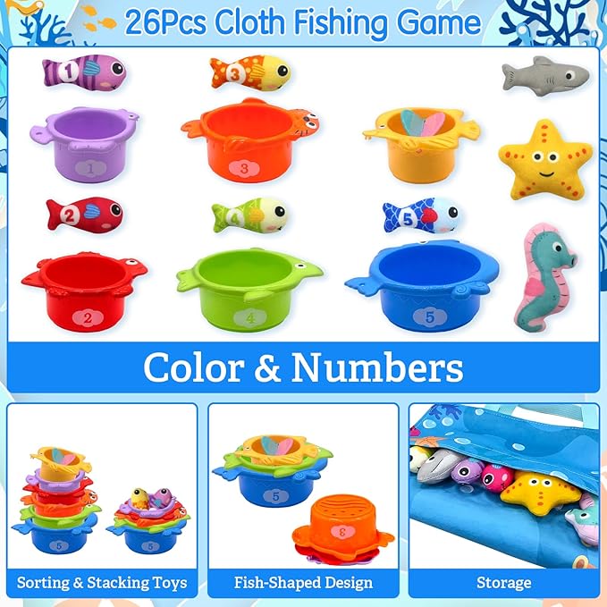 Montessori Toys for 1 Year Old, Cloth Fishing Game for Baby 12 Months with Stacking Cups, Number Counting, Color Sorting, Shape Learning