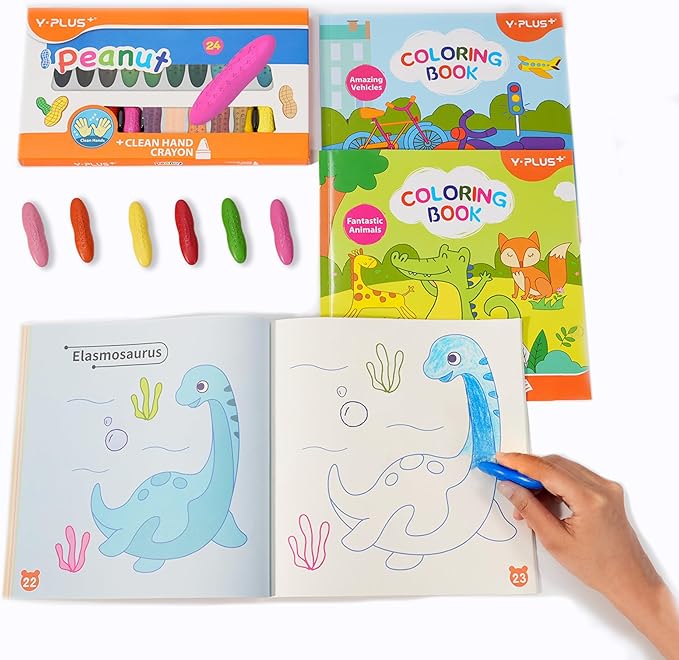 YPLUS Coloring Set for Kids with 24 Crayons 3 Coloring Books, Toddler Painting Kit Peanut Crayon Drawing Books, Washbale Non Toxic Art Craft Supplies for 1-3, 2-4, 4-6