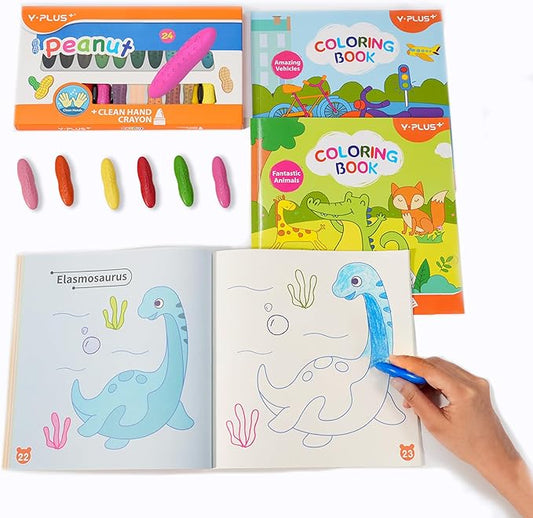 YPLUS Coloring Set for Kids with 24 Crayons 3 Coloring Books, Toddler Painting Kit Peanut Crayon Drawing Books, Washbale Non Toxic Art Craft Supplies for 1-3, 2-4, 4-6