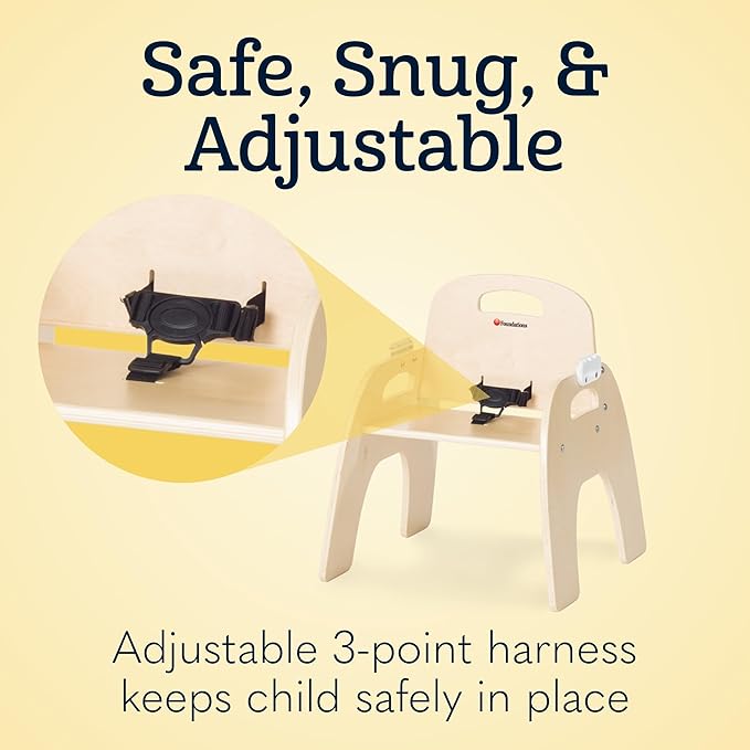 Foundations Easy Serve Low Wood Feeding Chairs Multipack, Adjustable Harness, Removable Dishwasher Safe Tray, No-Tip Base, Stackable Toddler Chairs, 2 Pack (9 inch)