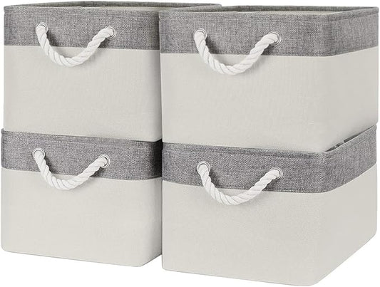 Organization and Storage Basket for Organizing - Large 4 Pack 16x12x8 inch Fabric Storage Cube Collapsible Baskets for Shelves, Storage Bins for Cloth Books (Grey & White)
