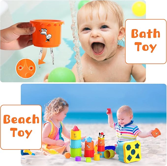 MOONTOY Stacking Cups Baby Toy Set, 19pcs Baby Stacking Toys for Toddlers 1-3, Shape Sorter Stackable Blocks Games Nesting Sorting Toys 6-12 Months 1 Year Old Easter Basket Stuffers Birthday Gift