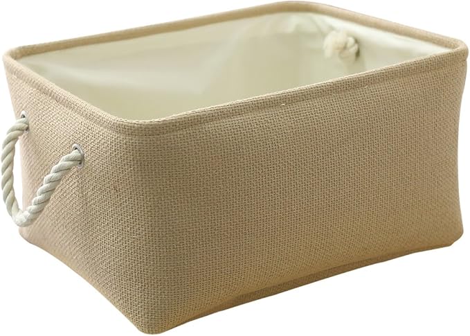 TheWarmHome Decorative Basket Rectangular Small Storage Basket Fabric Storage Bin Organizer Basket with Handles for Clothes Storage (Beige, 11.8L×7.9W×5.2H inch)