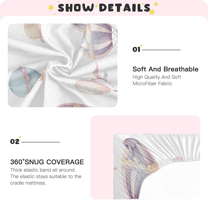 Watercolor Hot Air Balloon Crib Sheets for Boys and Girls, Fitted Baby Crib Sheets Soft and Breathable Mini Crib Sheets 39 X 27 X 5 Inches