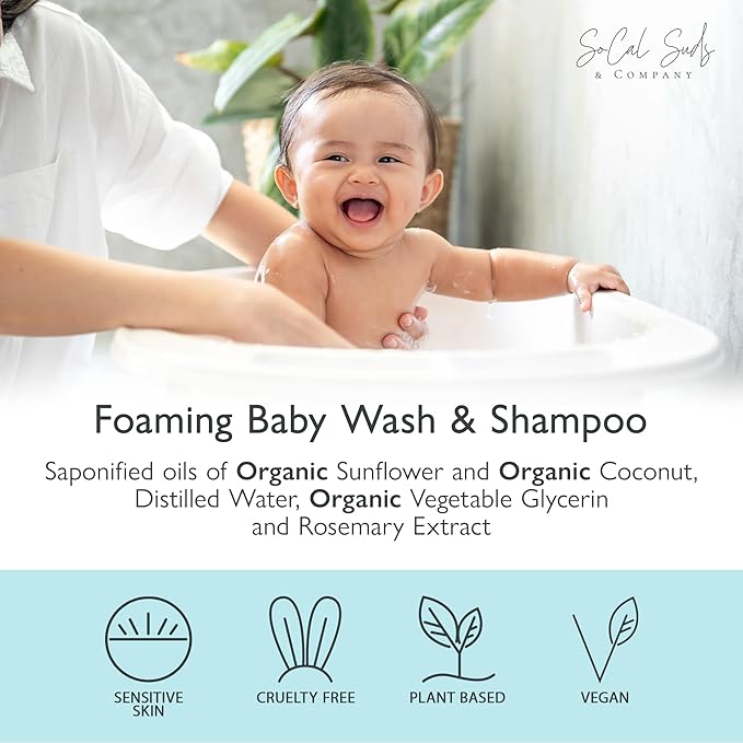 SoCal Suds & Company - 2-in-1 Organic Foaming Baby Wash Castile Soap & Shampoo Refill - Gentle Body Soap for Sensitive Gentle Bath -Nourishing Soothing Ingredients -Newborn Baby - Fragrance Free, 32oz