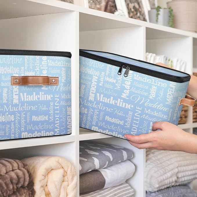 Custom Storage Basket with Name, Personalized Storage Bins with Zipper Lid, Foldable Fabric Storage Box Large capacity with Handle White Blue