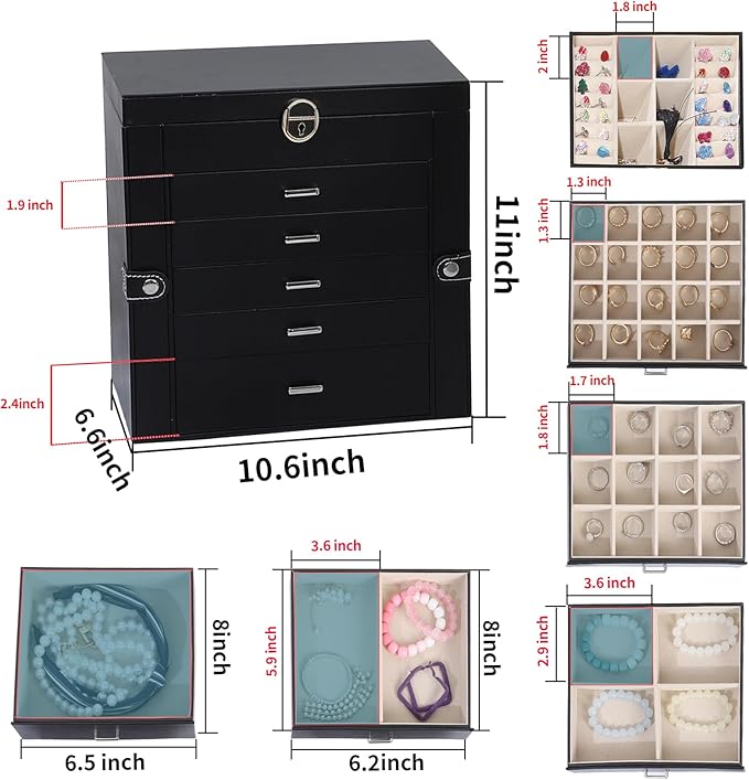 BOOVO Jewelry Box For women, 6 Layer Large Jewelry Organizer With Mirror, Multi-Function Storage Box With Lock, Accessory Holder With 5 Drawers, For Earrings Necklace Ring Bracelet (Black)