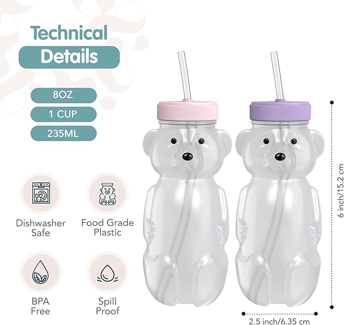 Honey Bear Straw Cup for Babies, Honey Bear Cups with Travel Lid, 2-Pack Therapy Learning HoneyBear Straw Sippy Cup for Toddlers, Cherry Blossom & Unicorn, 8 oz