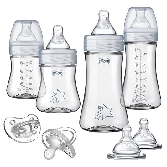Chicco Duo Newborn Hybrid Baby Bottle Starter Gift Set with Invinci-Glass Inside and Plastic Outside | Dishwasher, Bottle Warmer, and Electric Sterilizer Safe | Intui-Latch Nipple | Clear/Grey