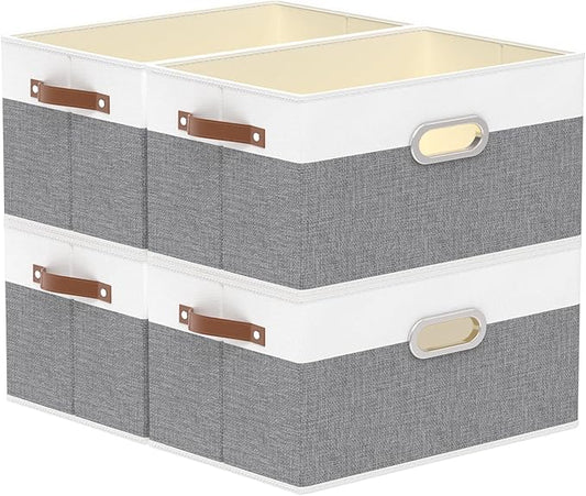 Yawinhe Foldable Storage Baskets for Shelves, Fabric Closet Organizers, Bins with 3 Handles, Cubes for Clothes, White/Grey, 15''Lx9.8''Wx8.3''H, 4-Pack