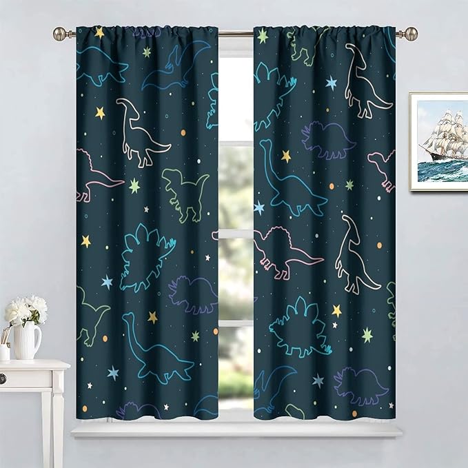 Cartoon Colorful Dinosaur Curtains for Kids Boys Girls Home Decor, Astronaut Funny Outer Space Star Blackout Rod Pocket Window Drapes for Bedroom Living Room W31.5xL63in 2 Panels