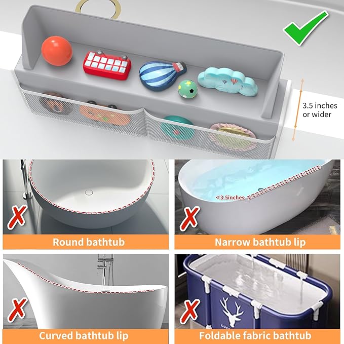 Gray Bathtub Splash Guard with Suction Cups, Waterproof Mesh Toy Organizer for Kids, Bath Toy Storage, Fits Most Tubs, Easy to Clean (Grey)