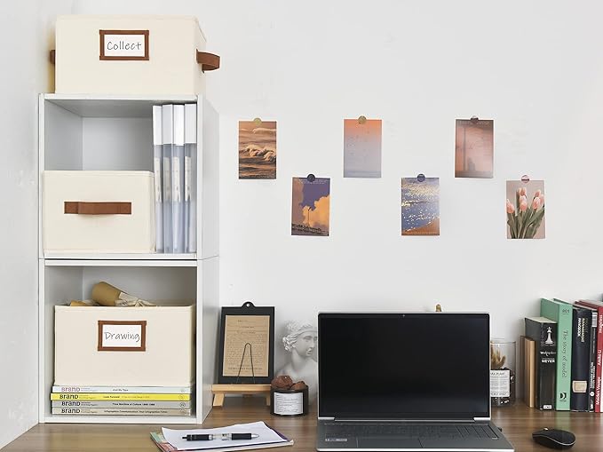 StorageWorks Storage Baskets for Shelves, Foldable Fabric Closet Storage Bins with PU Handles, Fabric Storage Bins Clothes Organizer, Ivory White, 3-Pack, Small