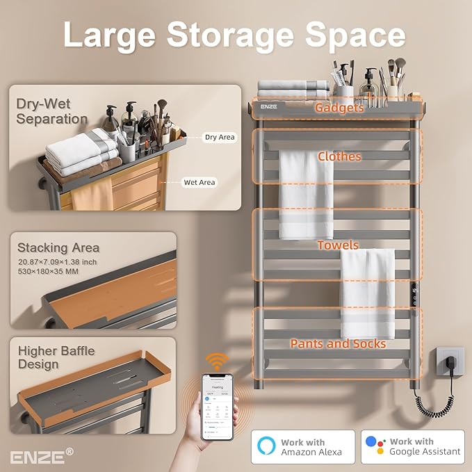 ENZE Heated Towel Rack with Shelf and Wi-Fi App Control, 11 Bars Electric Wall Mounted Towel Warmer with Timer & Adjustable Temperature, Low Carbon Steel, Plug-in/Hardwired, Gray