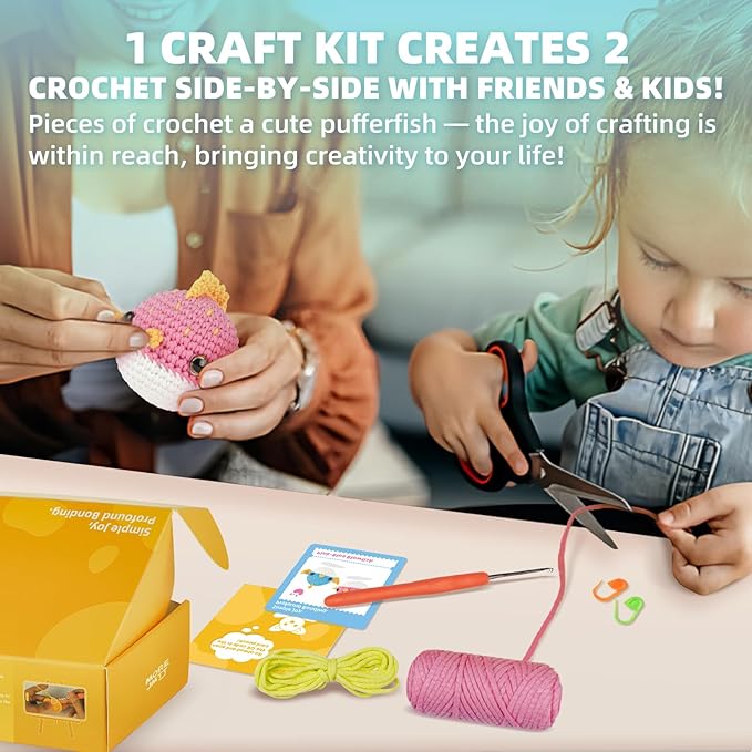 Crochet Kit for Beginners, Learn to Crochet, Include Easy Knitting Soft Yarn, Step-by-Step Video Tutorial, Hook, Holiday Birthday Gift for Adults and Kids(2 Pack Blowfish)