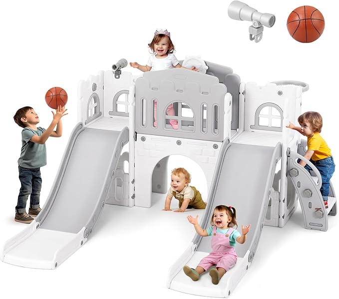 JOYLDIAS 9 in 1 Toddler Slide, Toddler Playground with Double Slides, Climber,Basketball Hoop,Tunnel, Telescope, Storage Space and Non-Slip Step, Indoor Outdoor Backyard Playset for Toddlers Age 1-3+