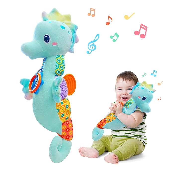 Fuzqq Baby Toys 0-6 Months,Musical Stuffed Animal Plush Toy with Rattle,Soft Newborn Toy for 0 3 6 9 12 Months Girls,Baby Boy Gift,Blue