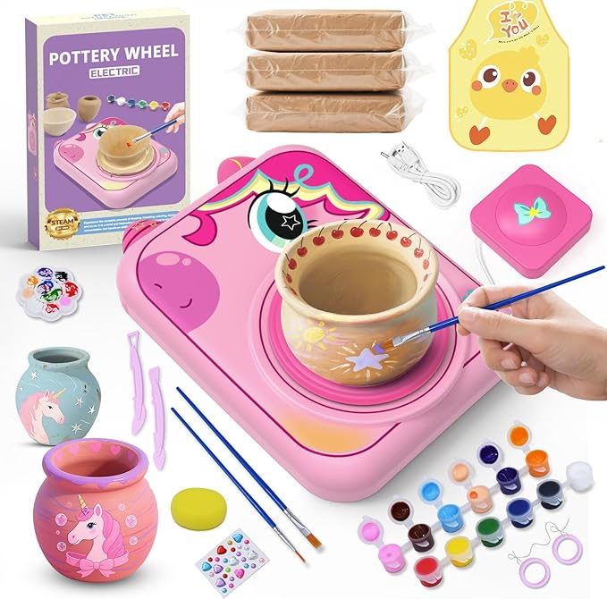 Pottery Wheel for Kids, Girls Arts and Crafts Toys for Kids Ages 8-12,Pottery Studio Craft Kit with 3 Pack Air-Dry Clay, Art Supplies for Kids Toys Girls Birthday Gift for 6 7 8 9 10 11 12+（Pink）