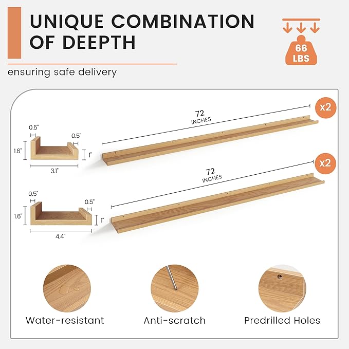 4-Pack 72 Inch Wall Mounted Floating Picture Ledge Shelves, Modern Oak Style, Perfect for Displaying Photos, Books, Collectibles, and More