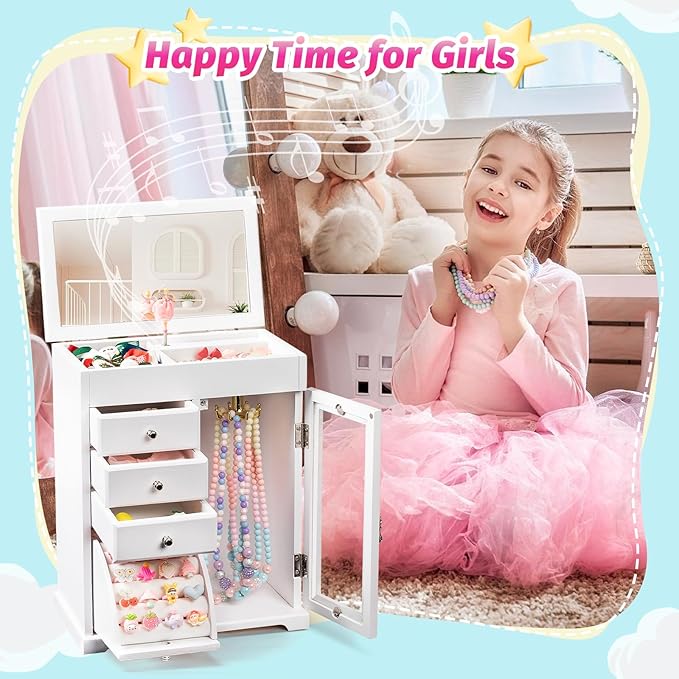 Miratino Jewelry Box for Girls, Kids Jewelry Box with Spinning Dancer, 5 Layer Large Wooden Musical Jewelry Organizer Box Gifts for Little Girls Christmas New Year Birthday Children's Day(White)