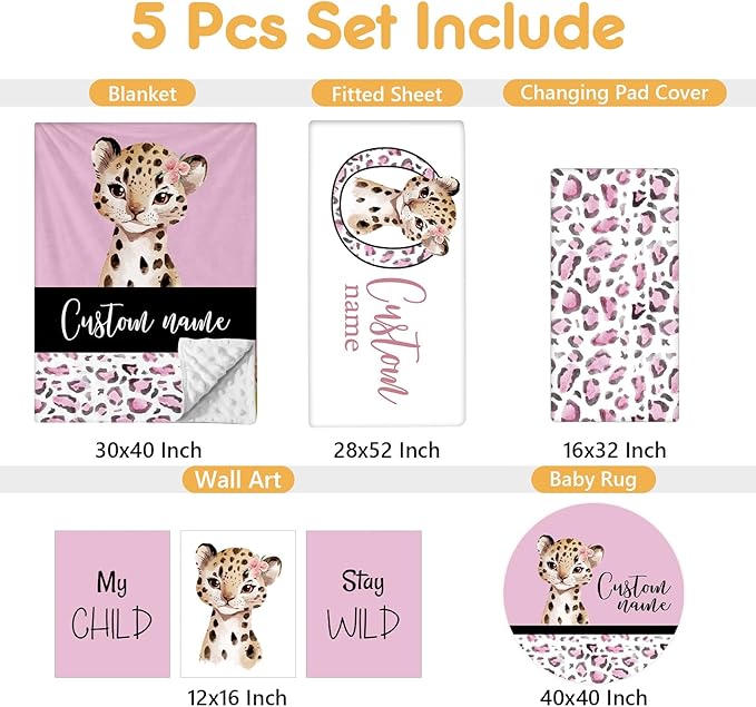 Personalized Baby Bedding Set, 5 Pcs Custom Baby Crib Sets with Name, Toddler Bedding Set for Baby Girls, Pink Leopard Double Layer Nursery Bedding Set, Customized Gifts for Infants Kids