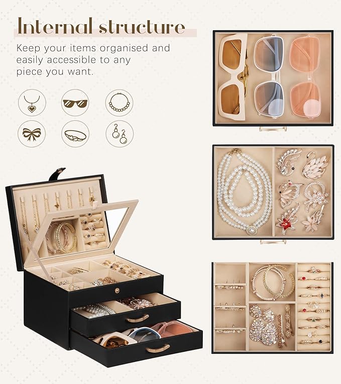 Black Jewelry Box Organizer: Home Decor for Women - 2-Drawer Holder for Valentine’s Day Birthday Christmas Black Pink