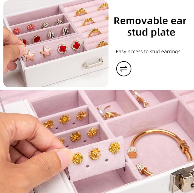 Large Jewelry Box,5-Tier PU Leather Jewelry Organizer with Lock,Multi-functional Storage Case with Mirror,Jewelry Organizer for Bracelets, Earrings, Rings, Necklaces, Mothers Day (CREAM)