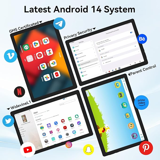 Tablet, Android Tablet 10.95",16GB RAM 128GB ROM 1TB Expansion, Octa-Core, Android 14, 1280x800 FHD, Dual Camera, WiFi6, BT5.3, 6800mAh Battery