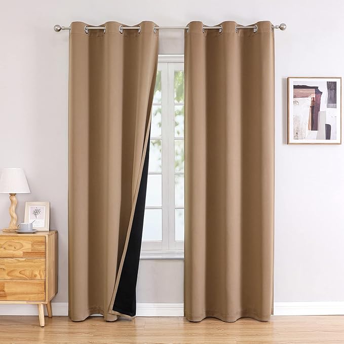 ChrisDowa 100% Blackout Curtains 84 inch Long for Bedroom with Black Liner, 2 Thick Layers Total Blackout Thermal Insulated Grommet Window Curtains 2 Panels Set (Cappuccino, 38 x 84 Inch)