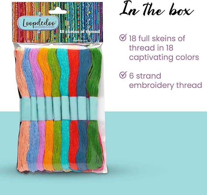 Loopdedoo 18 Refill Skeins for Loopdedoo Bracelet Craft Kit - Suitable for Ages 8 & Up - 100% Cotton Embroidery & Cross Stitch Threads - Threads for Bracelet Making Kit