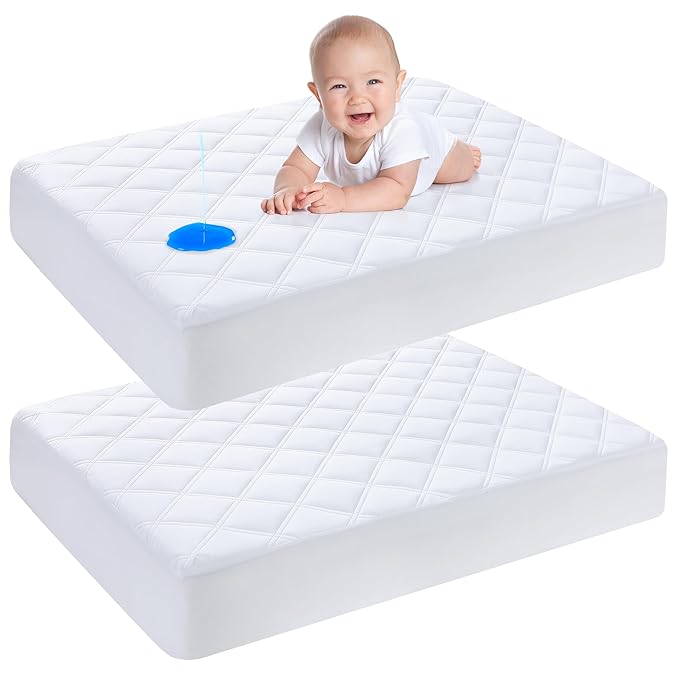 Yoofoss Waterproof Mini Crib Mattress Protector 2 Pack, Quilted Mattress Pad Cover Soft and Breathable, Machine Washable Portable Mattress Protector for Standard Baby Crib Size 38"X24"