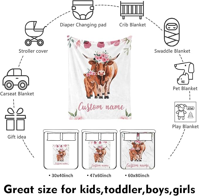 Custom Nursery Crib Bedding Set: Personalized Name 4 Piece Highland Cow Theme Baby Crib Sets for Girls - Toddler Double Layer Blanket Set, Comfortable Crib Bed Sheets for Baby Toddlers