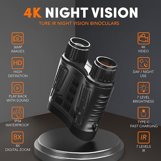 GTHUNDER Night Vision Goggles, Night Vision Binoculars – 4K UHD Video, 52MP Photos, App Remote Control, 10X Zoom, 4" HD Screen, 984ft, 7-Level IR, 4000mAh, 32GB Card – Ideal for Hunting & Security