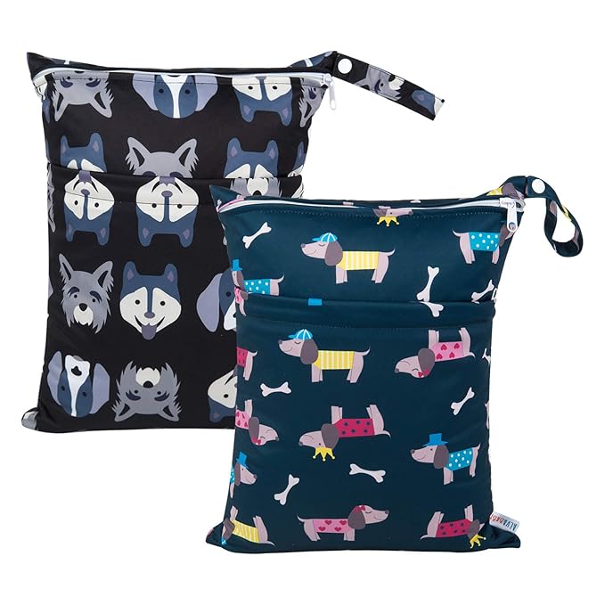 ALVABABY 2pcs Cloth Diaper Wet Dry Bags Waterproof Reusable with Two Zippered Pockets Travel Beach Pool Daycare Soiled Baby Items Yoga Gym Bag for Swimsuits or Wet Clothes L93107