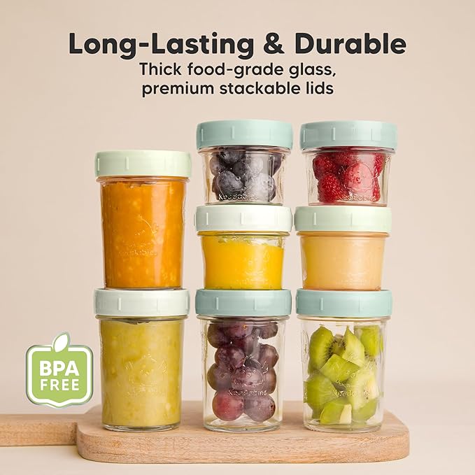 KeaBabies 4pk 8oz Glass Baby Food Containers with Lids - Leak-Proof, Microwavable Small Glass Jars, Baby Purees & Toddler Snack Storage Containers, BPA-Free, Dishwasher & Freezer Safe (Sage)