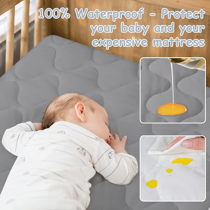 Yoofoss Waterproof Mini Crib Mattress Protector, Quilted Baby Mattress Pad Cover Soft and Breathable, Machine Washable Portable Mattress Protector for Standard Mini Crib Size 38"X24" - Dark Grey