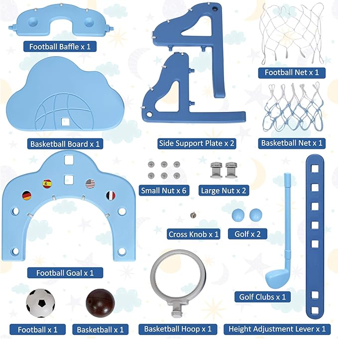 Costzon Kids Basketball Hoop, Toddler Sports Activity Center w/ 5 Adjustable Height Levels, Basketball Soccer Golf Game Set, Indoor Outdoor Basketball Hoop Set Gift for Baby Infant