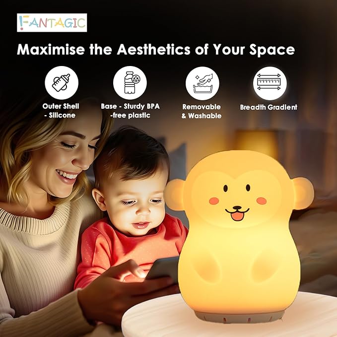 Combined Bluetooth Speaker & Nightlight With 9 Color Emissions, Child Friendly Silicone & BPA Free, USB Recharging, Receives Audio From Computer, Phone Or Tablet, and includes Remote Control (Monkey)