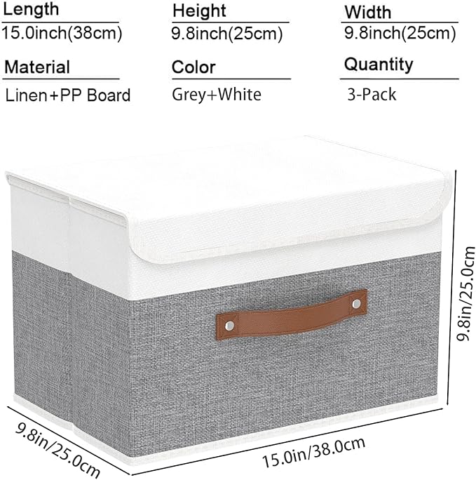 Yawinhe Storage Boxes with Lids, Linen Fabric Bin, Cube Organizer Basket, Washable and Leather Handle, for Home, Closet, White/Grey, 15.0''Lx9.8''Wx9.8''H, 3-Pack, USNK024WGL-3