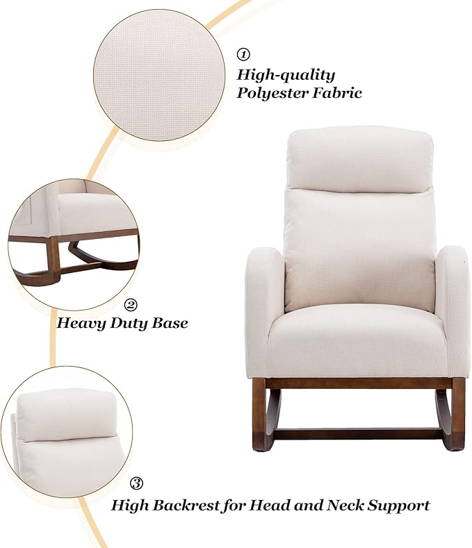 Dolonm Nursery Rocking Chair for Living Room, Upholstered Mid-Century Modern Nursery Rocking Armchair Tall Back Accent Glider Rocker, Beige