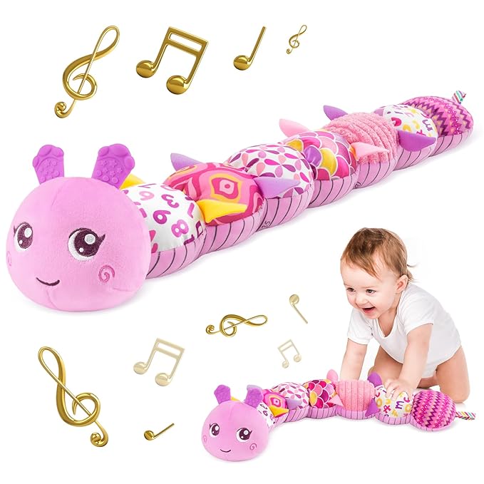 Infant Baby Musical Stuffed Animal Activity Soft Toys with Multi-Sensory Crinkle, Rattle and Textures for 0-3-6-12 Months Developmental Toys, Caterpillar, Purple