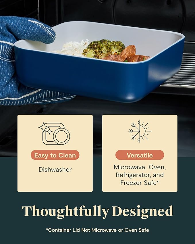 Caraway Glass Food Storage, 10 Cup Glass Container,Ceramic Coated Food Container,Easy to Store, Non Toxic, Non Stick Lunch Box Container with Glass Lids. Dishwasher, Oven,Square Shape,Mist