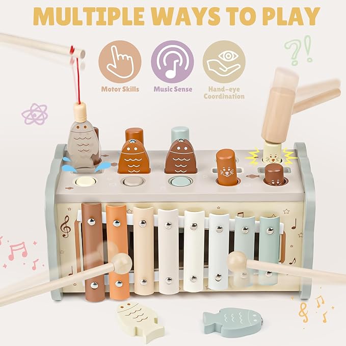 Joyreal Wooden Montessori Toys for 1 Year Old - Hammering Pounding Toy with Xylophone & Fishing Game - Educational Toddler Activities for 1 2 3 Year Old Christmas Birthday Gifts