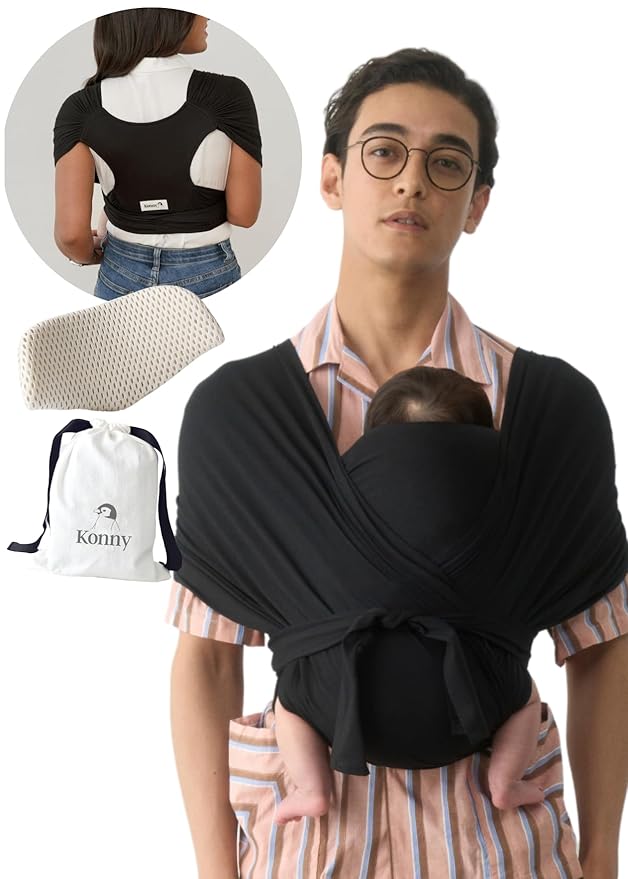 Konny Baby Carrier Flex SoftBreeze with Head Support - Adjustable, Easy to Wear Baby Wrap Sling, Perfect for Newborn Babies Essentials up to 44 lbs (XS-XL) - Black