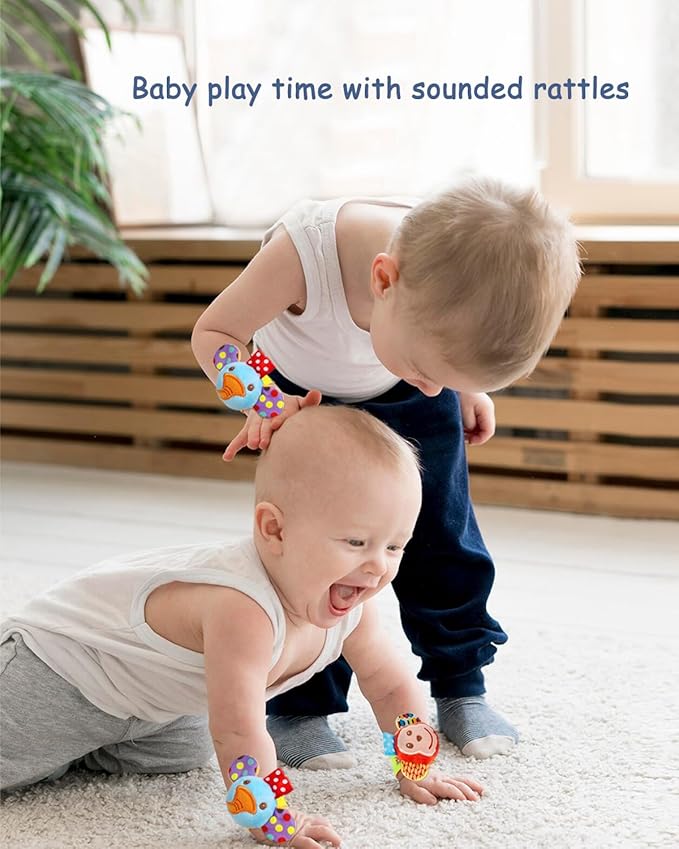 Infant Rattle Socks Toys 0 to 12 Months, Baby Wrist Rattle Foot Finder Socks Set, Birthday Holiday Present for Newborn Boy Girl 0/3/4/6/7/8/9/12/18 Months Kids Toddler, Gift Box Package (4A)