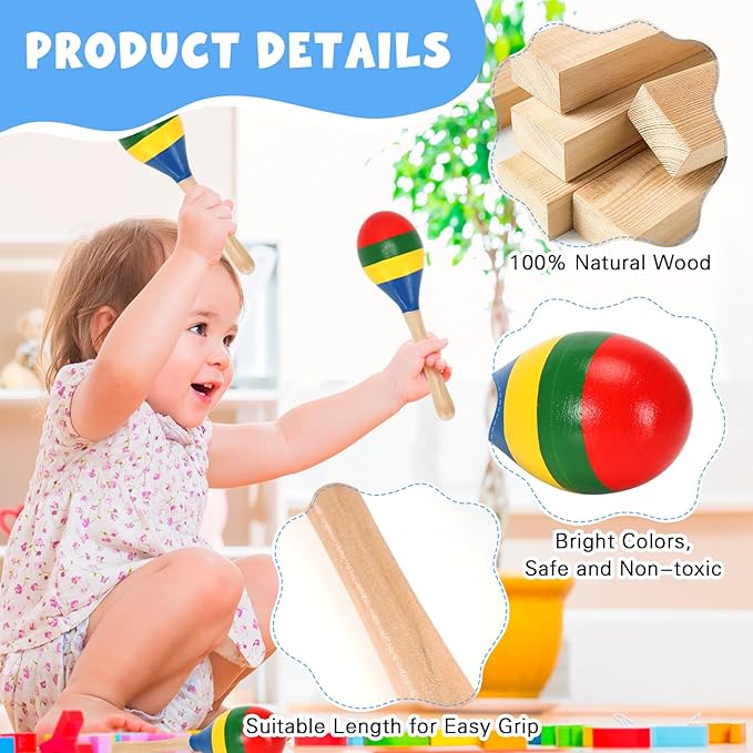 2 Pcs Maracas, Hand Percussion Rattles for Kids, Wooden Rumba Shaker Hand Musical Instruments with Clear Rhythm for Kids Adults Playing (Colorful)